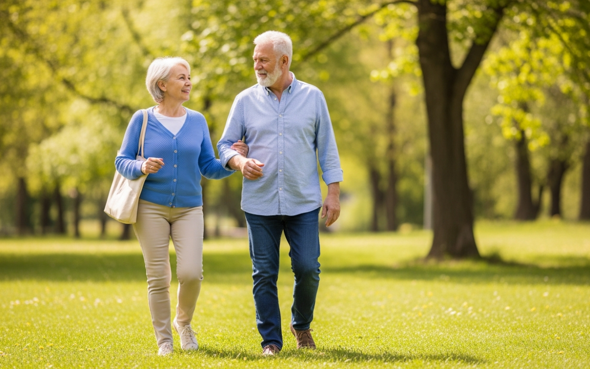 Older couple walking outdoors to help prevent cardiovascular diseases