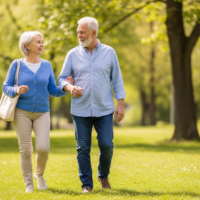 Older couple walking outdoors to help prevent cardiovascular diseases