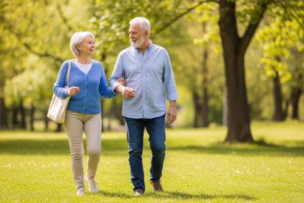 Older couple walking outdoors to help prevent cardiovascular diseases