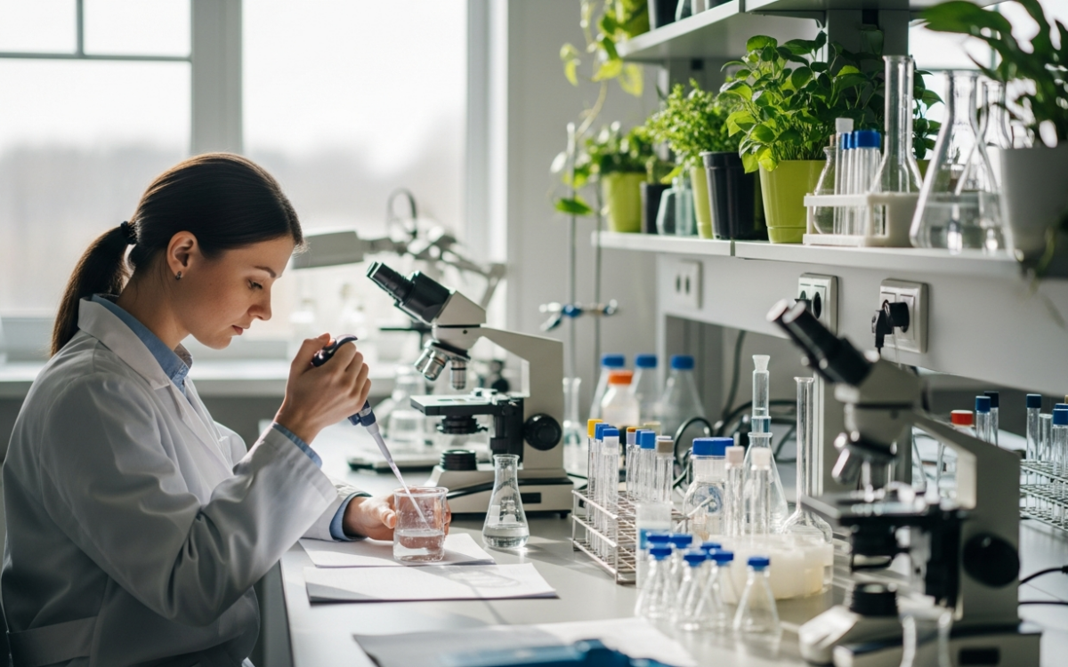 Scientist studying environmental toxicology by testing water and air samples in a bright lab