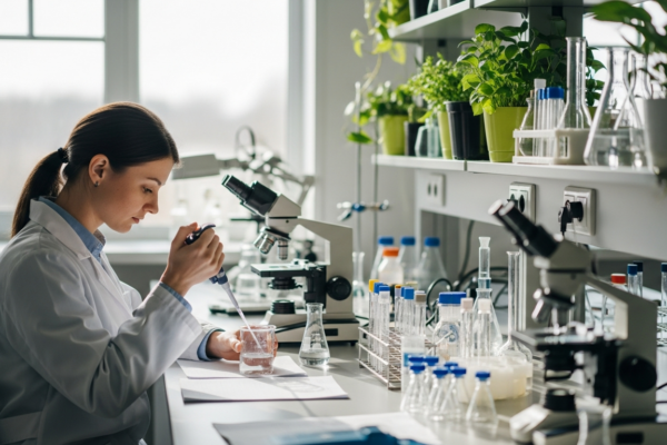 Scientist studying environmental toxicology by testing water and air samples in a bright lab