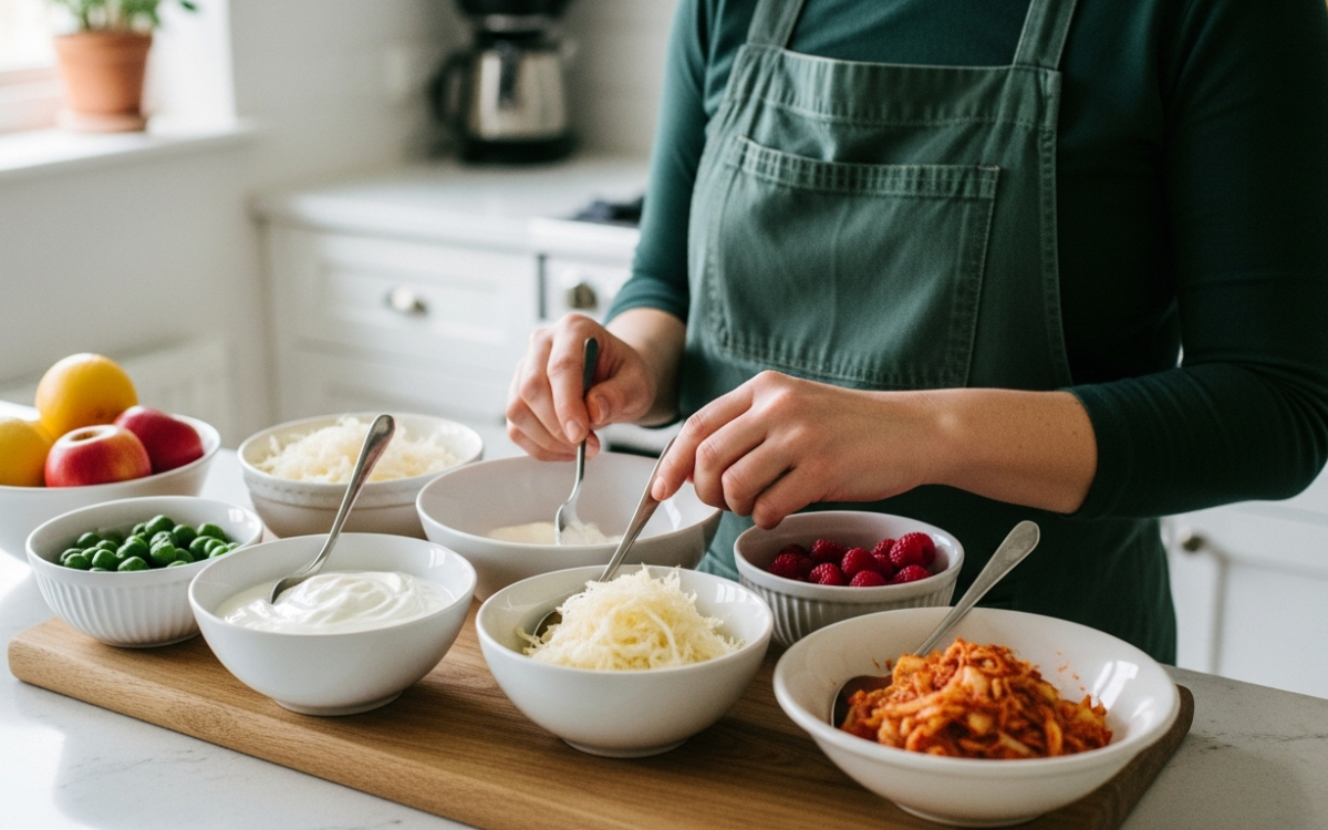 Foods that support the gut microbiome and probiotics on a kitchen counter