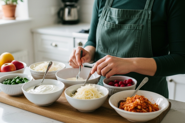Foods that support the gut microbiome and probiotics on a kitchen counter