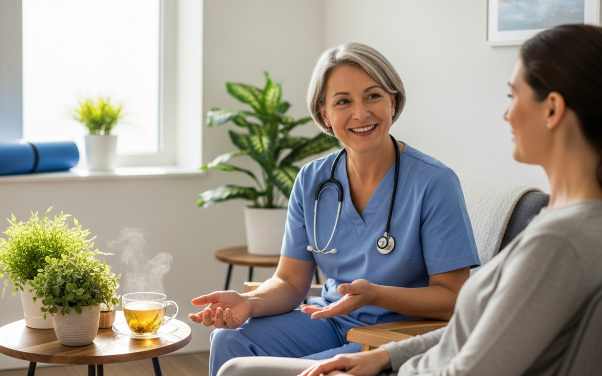 A provider explaining holistic and integrative medicine to a patient in a calm room