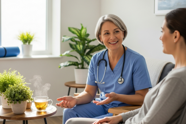 A provider explaining holistic and integrative medicine to a patient in a calm room