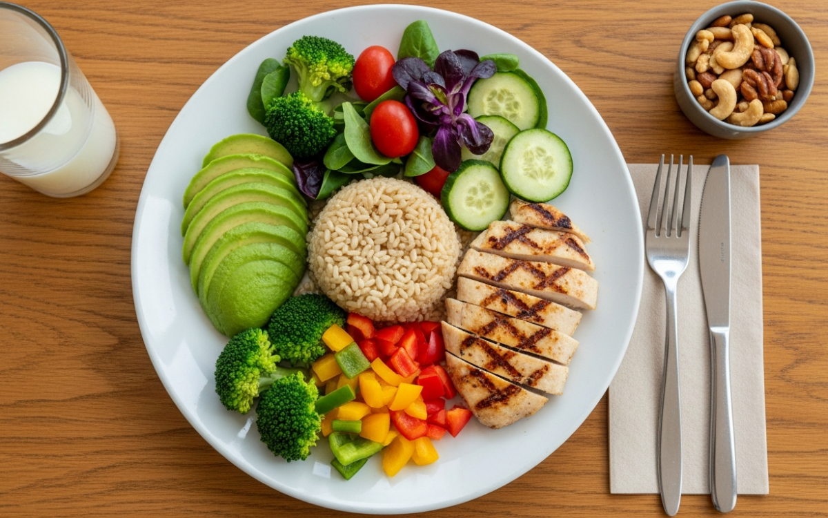 A balanced plate showing macronutrient ratios with protein, healthy fats, and carbs