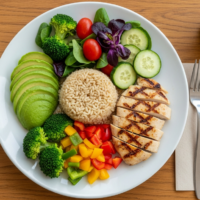 A balanced plate showing macronutrient ratios with protein, healthy fats, and carbs