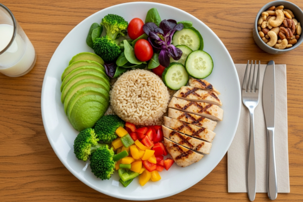 A balanced plate showing macronutrient ratios with protein, healthy fats, and carbs