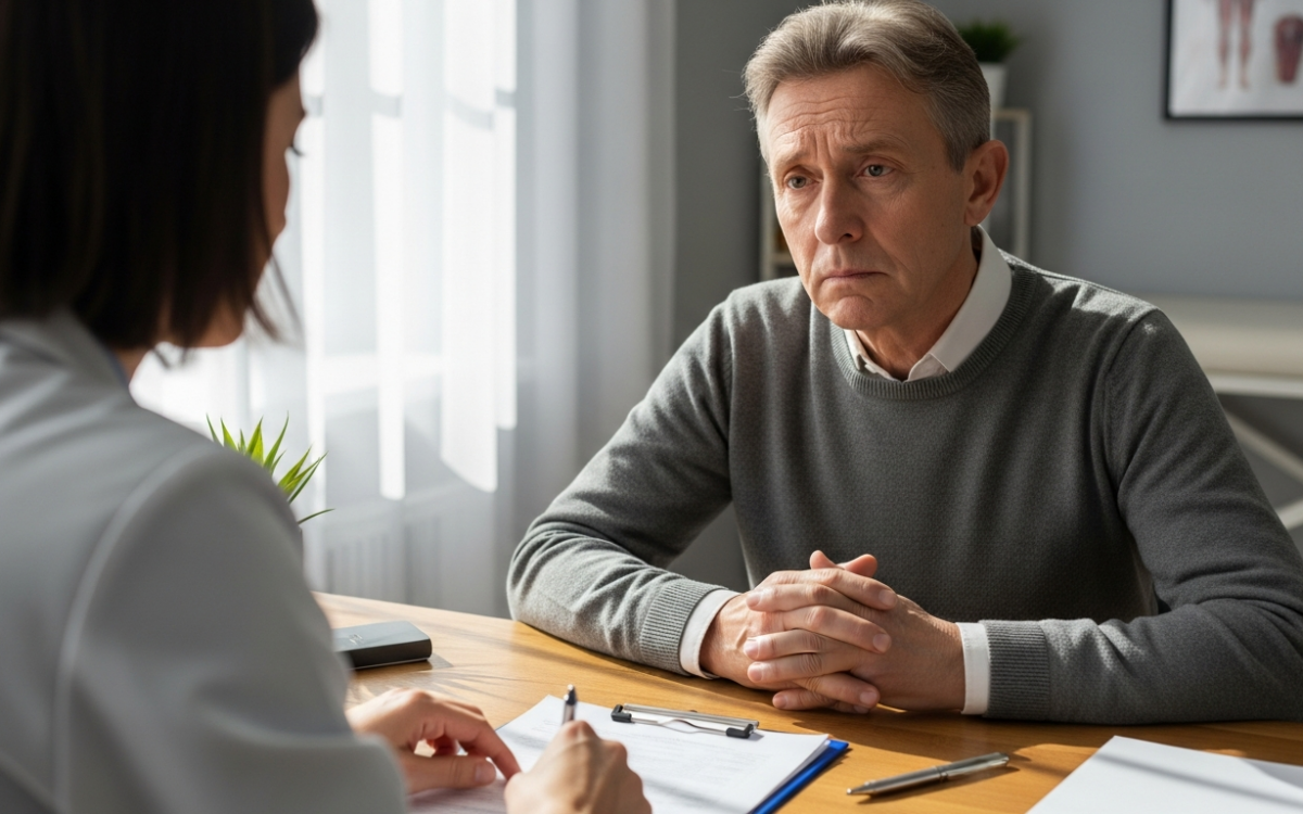 Patient reviewing records with a doctor to discuss possible medical malpractice