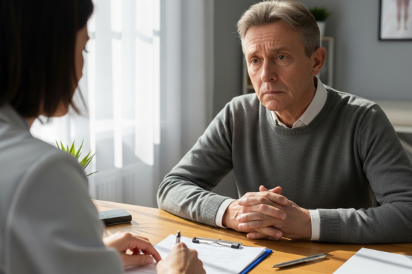 Patient reviewing records with a doctor to discuss possible medical malpractice