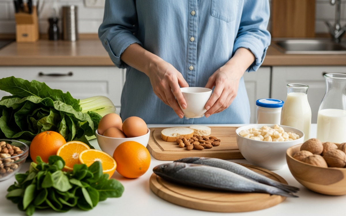Colorful whole foods that help prevent micronutrient deficiencies on a kitchen table