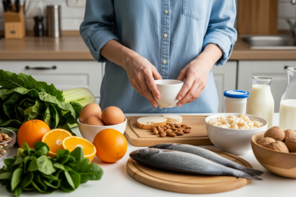 Colorful whole foods that help prevent micronutrient deficiencies on a kitchen table