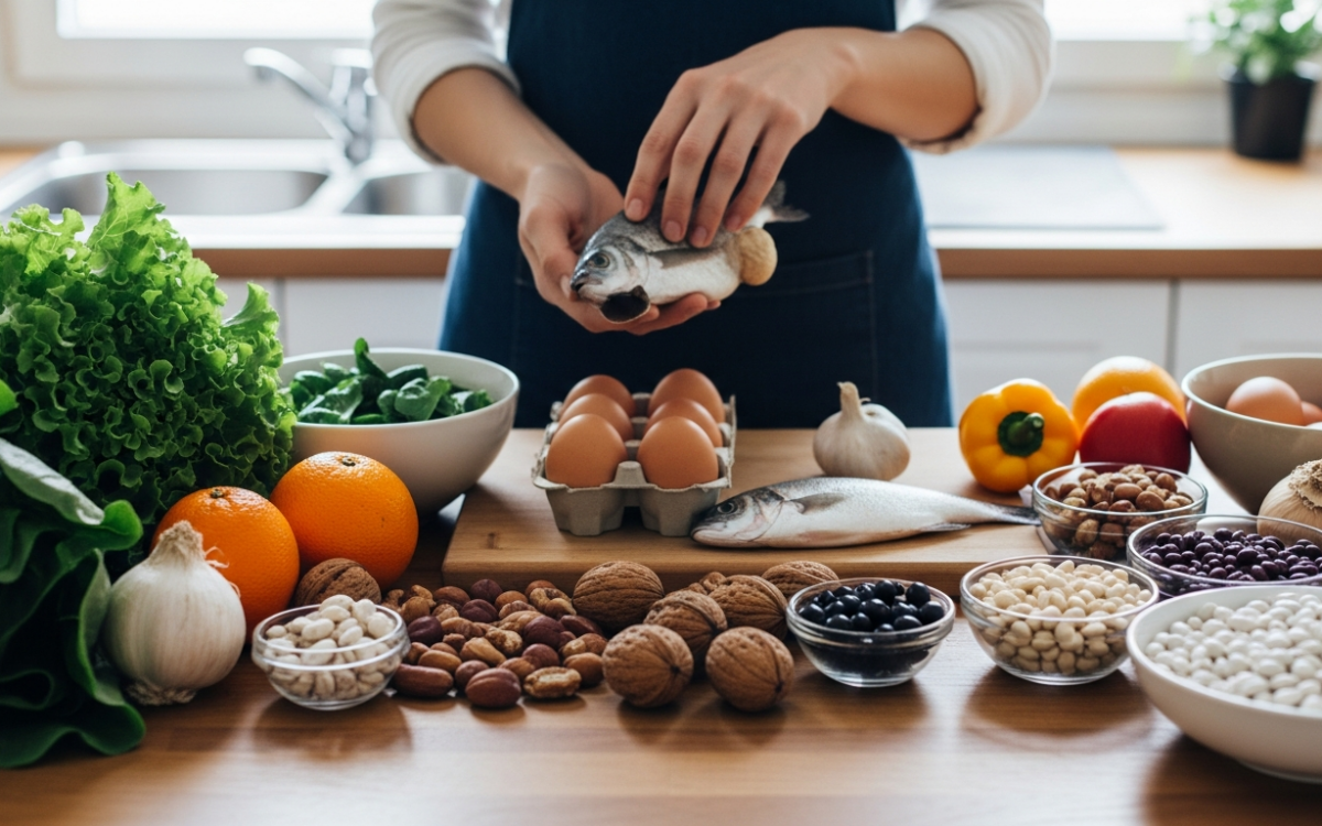 Whole foods that help prevent micronutrient deficiencies laid out on a table
