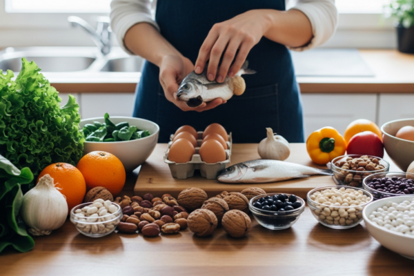 Whole foods that help prevent micronutrient deficiencies laid out on a table