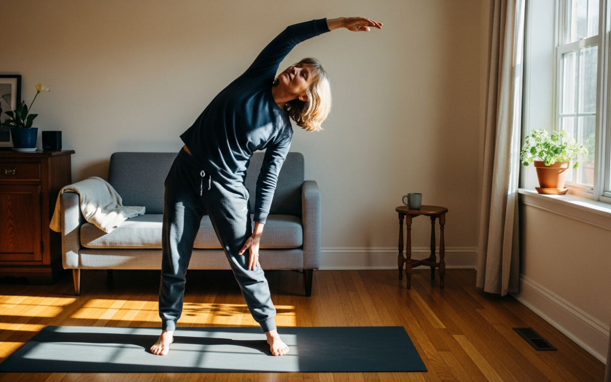 Person doing a mobility and flexibility stretch on a yoga mat at home