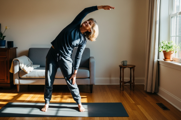 Person doing a mobility and flexibility stretch on a yoga mat at home