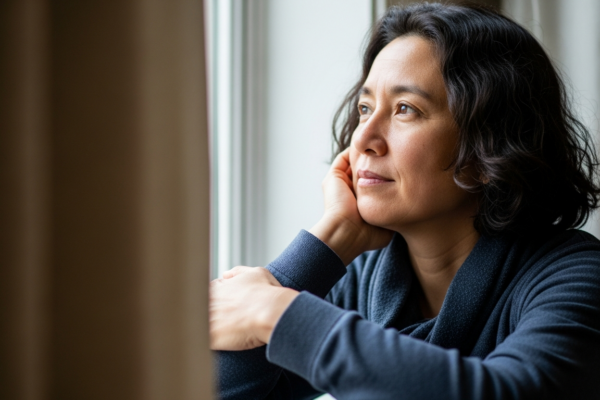 A person by a window reflecting quietly, showing the calm side of living with mood disorders
