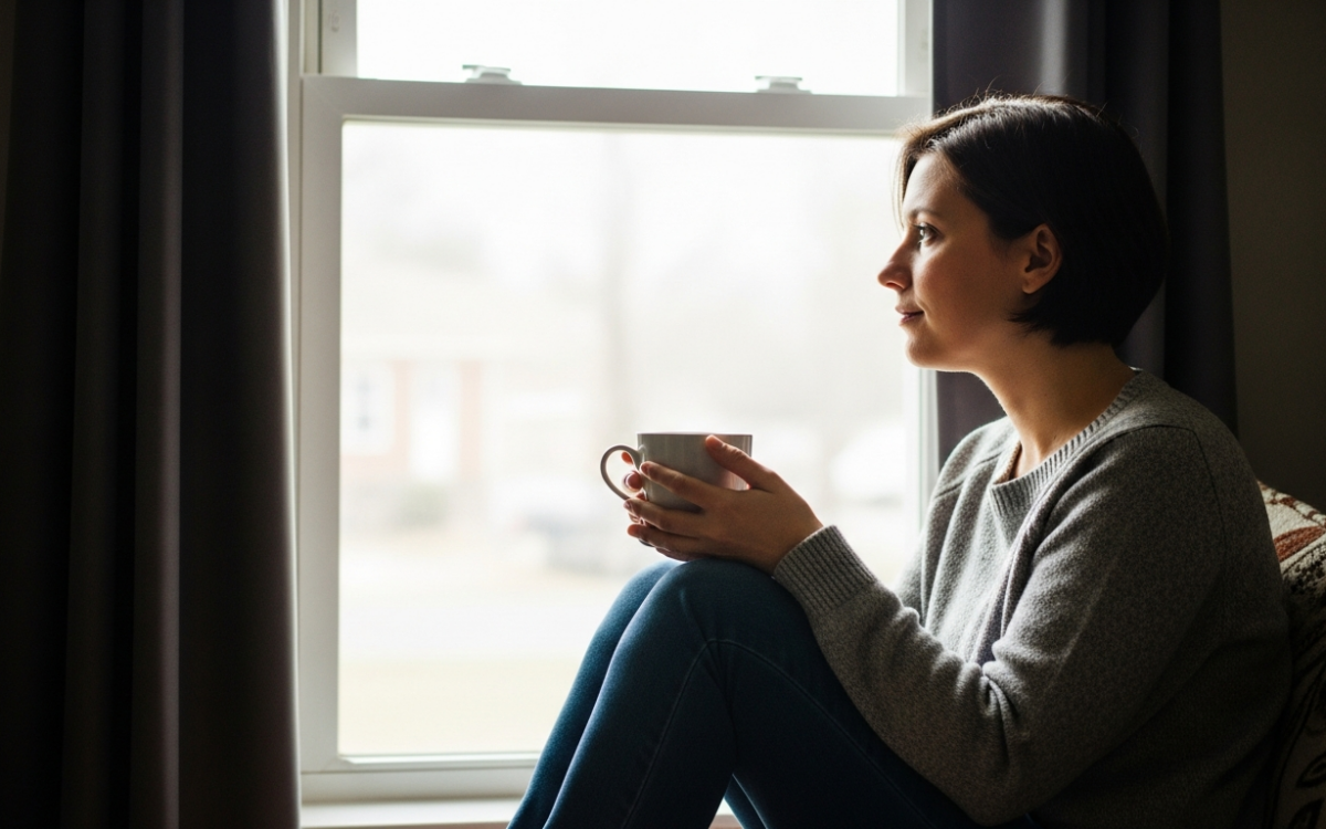 Person resting by a window, showing calm after coping with mood disorders