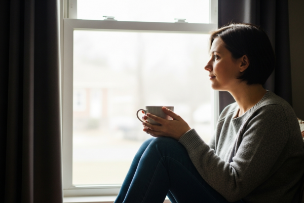 Person resting by a window, showing calm after coping with mood disorders
