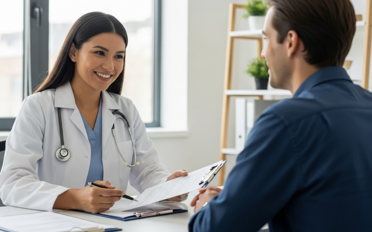 Doctor explaining patient rights and a consent form to a calm patient in a bright clinic