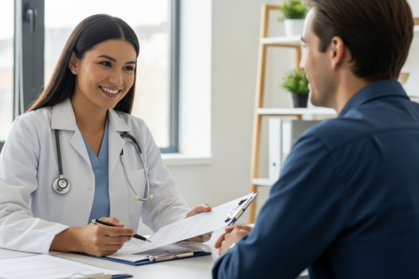Doctor explaining patient rights and a consent form to a calm patient in a bright clinic