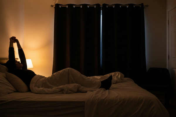 A calm bedroom showing good sleep hygiene with soft lighting and a tidy bed