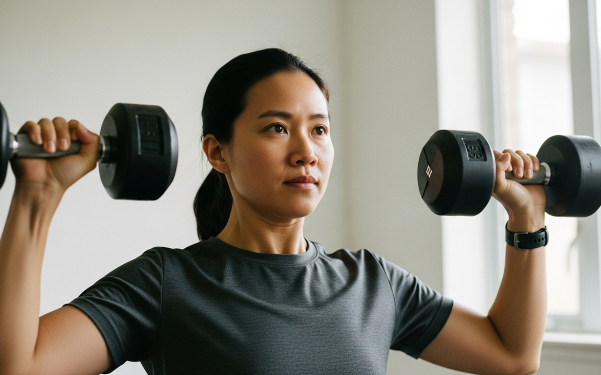 Person doing strength training and hypertrophy work with dumbbells at home