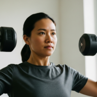 Person doing strength training and hypertrophy work with dumbbells at home