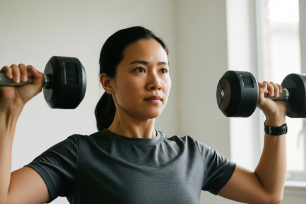 Person doing strength training and hypertrophy work with dumbbells at home
