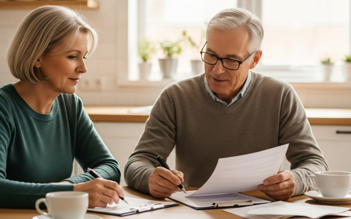 Couple reviewing end-of-life planning documents at a kitchen table