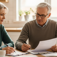 Couple reviewing end-of-life planning documents at a kitchen table