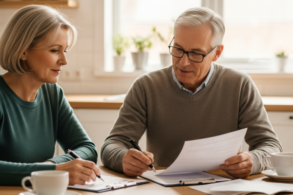 Couple reviewing end-of-life planning documents at a kitchen table