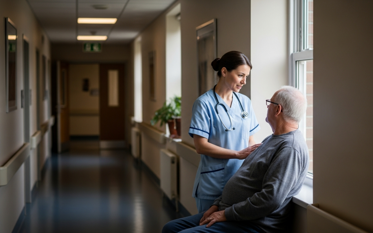 A nurse and patient talking calmly, showing care during involuntary commitment