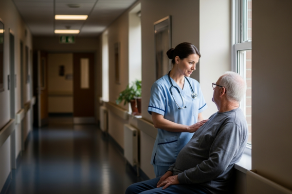 A nurse and patient talking calmly, showing care during involuntary commitment
