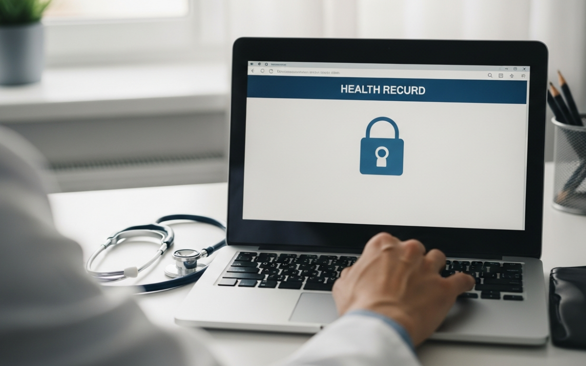 Locked laptop screen showing medical data privacy on a doctor's desk