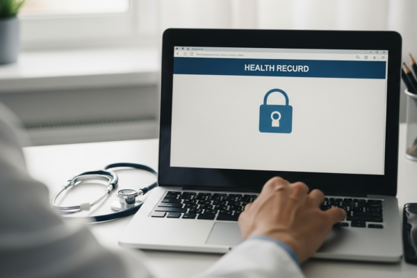 Locked laptop screen showing medical data privacy on a doctor's desk