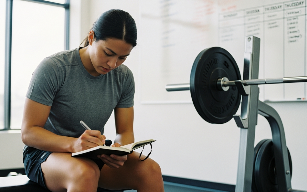 A lifter planning periodization and programming in a notebook at the gym