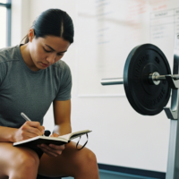 A lifter planning periodization and programming in a notebook at the gym