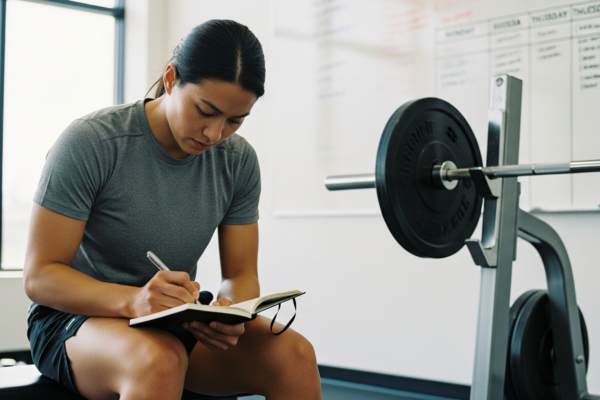 A lifter planning periodization and programming in a notebook at the gym