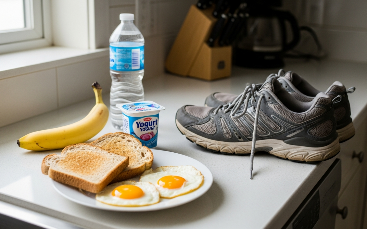 Sports nutrition foods like fruit, yogurt, eggs, and water set out for fueling a workout