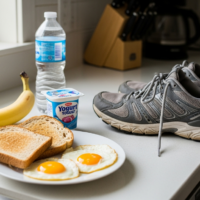 Sports nutrition foods like fruit, yogurt, eggs, and water set out for fueling a workout