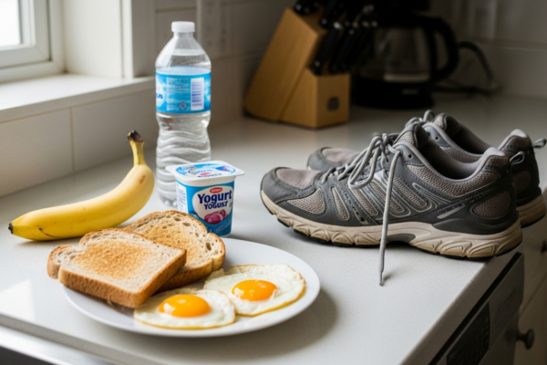 Sports nutrition foods like fruit, yogurt, eggs, and water set out for fueling a workout