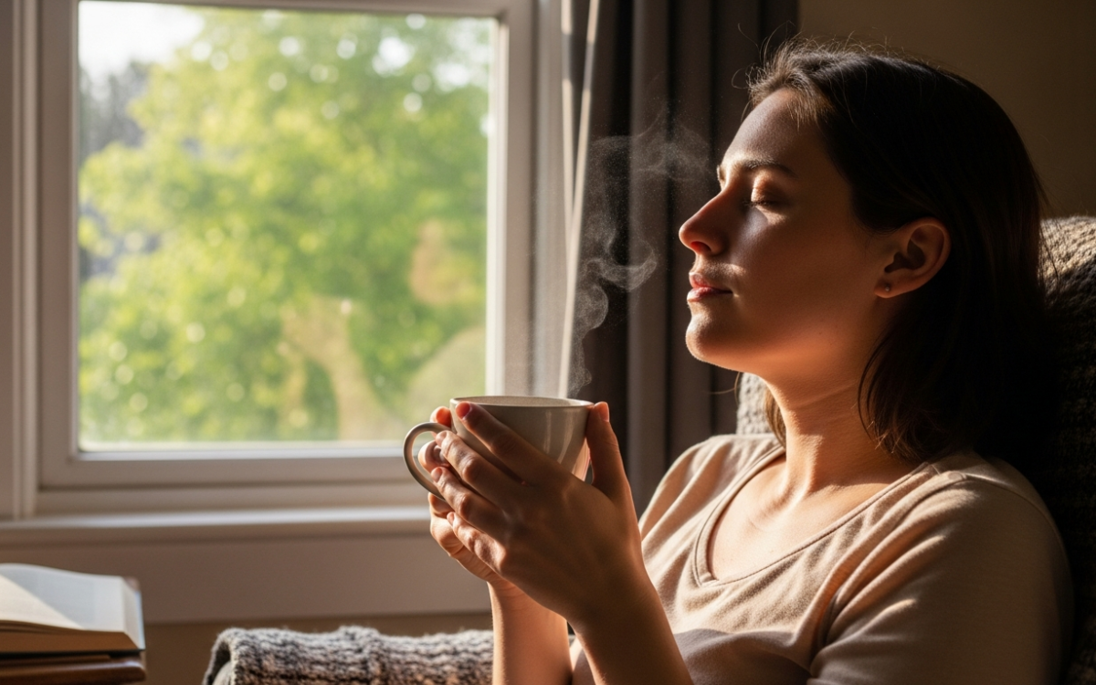 Person practicing calm breathing for stress management and cortisol balance