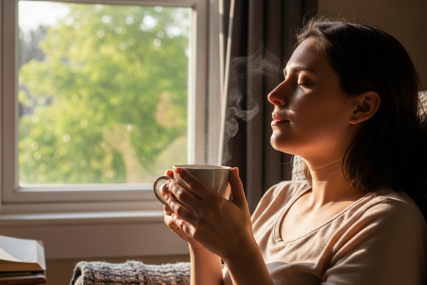 Person practicing calm breathing for stress management and cortisol balance