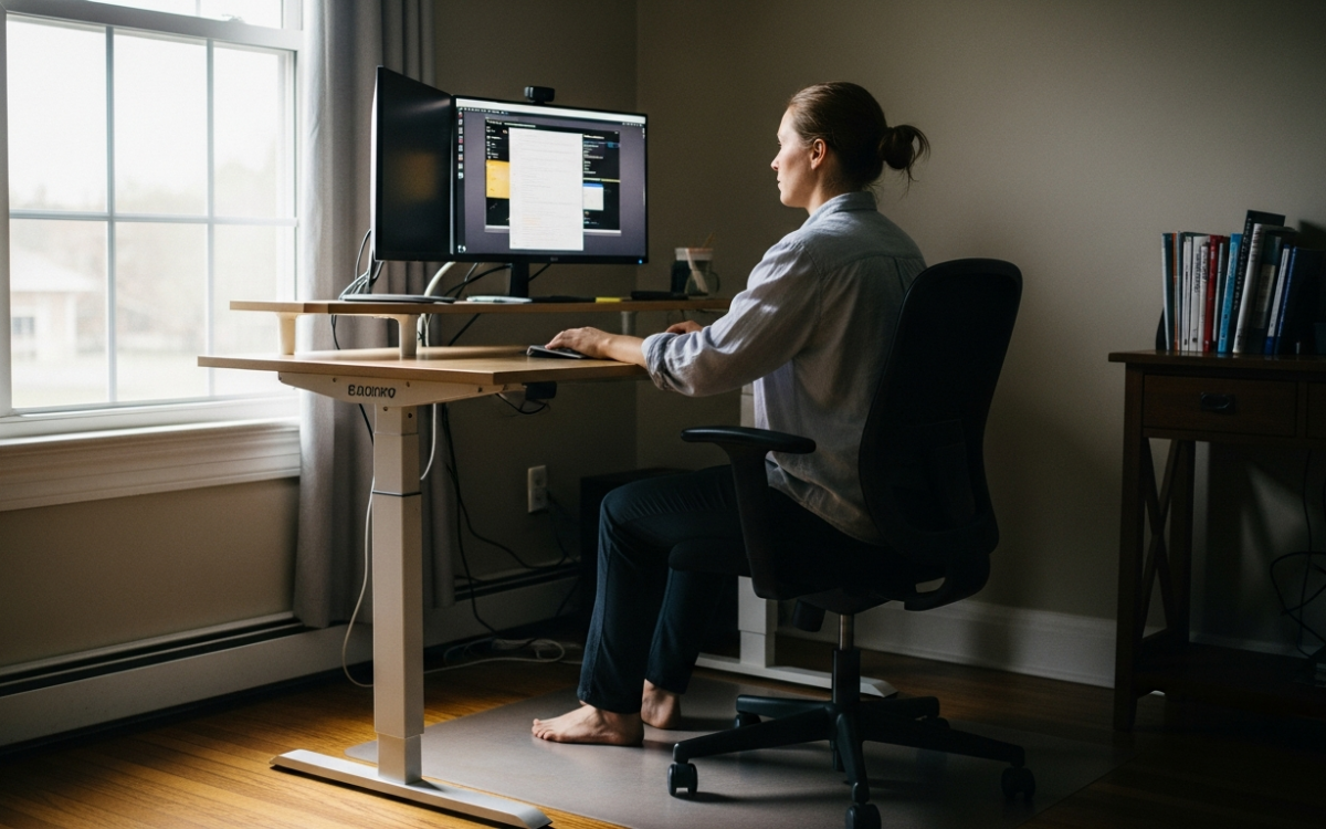 Person using good workplace ergonomics at a well set up desk