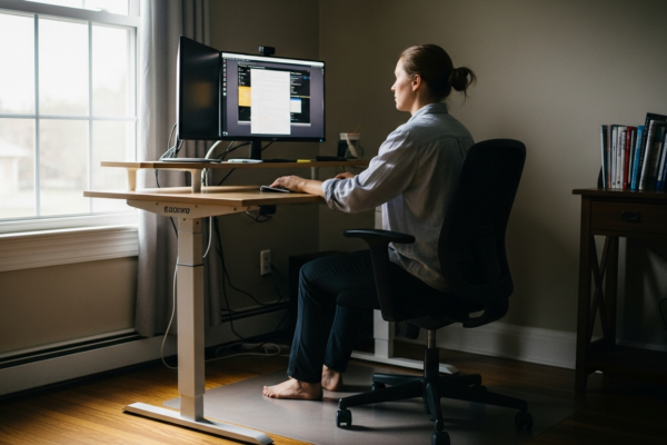 Person using good workplace ergonomics at a well set up desk